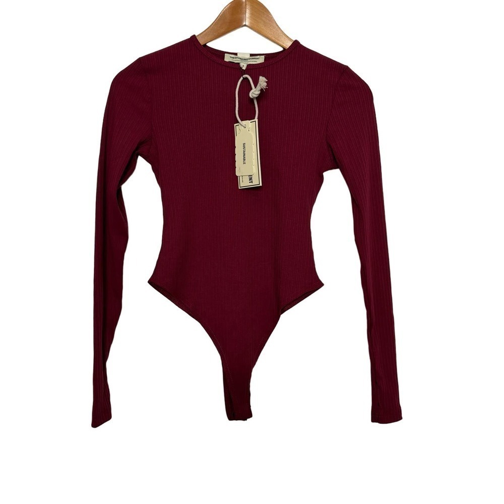 The Giving‎ Movement Bodysuit Ribbed Long Sleeve Maroon Burgundy Size S